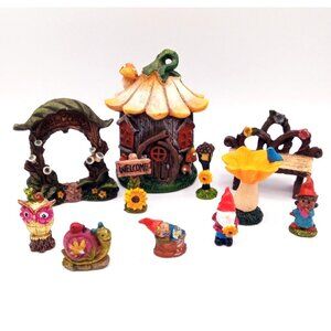 Fairy Garden Gnome 11 Piece Set Yellow Flower House Owl Snail Sign Bench Vintage